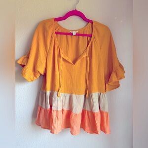 Cato Mustard Coral Gauze Flutter Sleeve Tiered Hem Cropped Peasant Blouse L